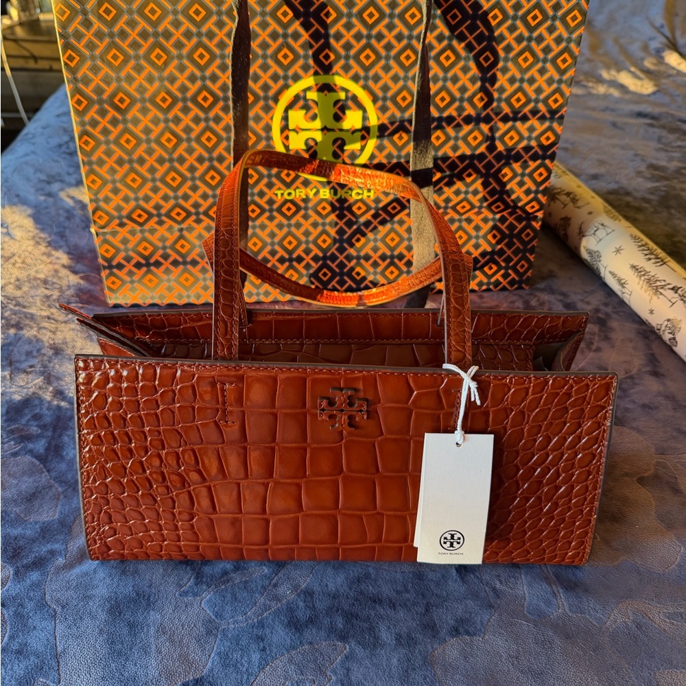 Tory Burch Cognac Croc Embossed Handbag - Picture 5 of 14
